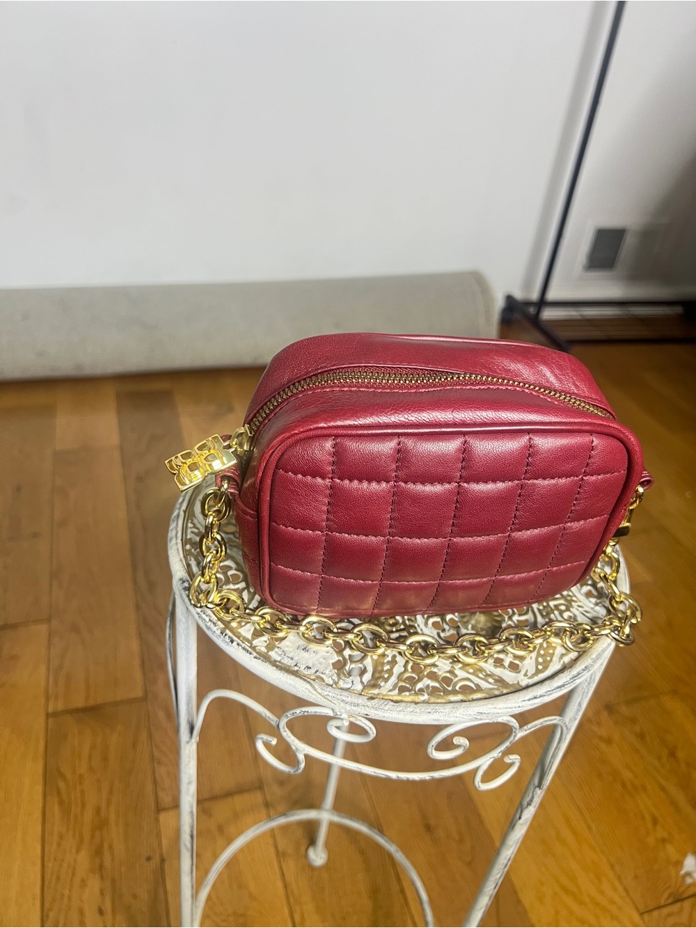 BCBGMaxAzria Quilted Burgundy Crossbody with Gold Chain